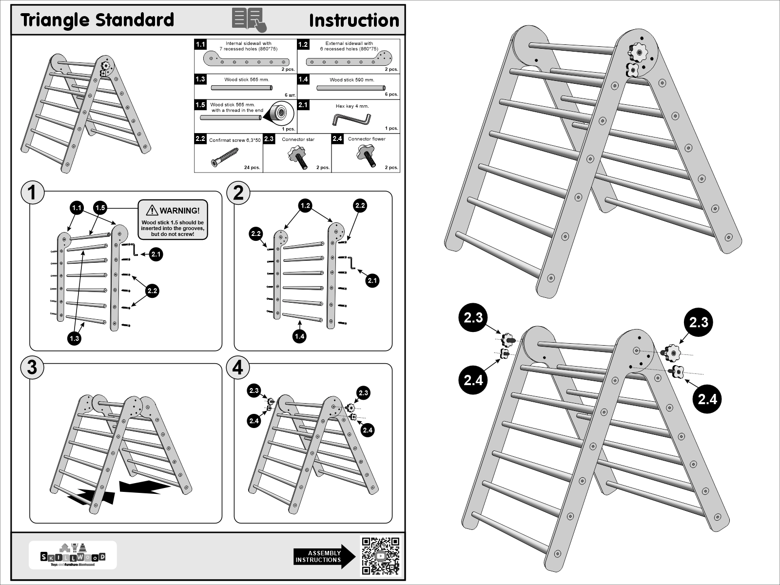 Step-by-step assembly instruction manual for Skillwood Triangle Standard Pikler climbing structure for toddlers.