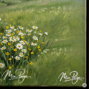 Bespoke handwritten signature logo applied as an artist autograph on fine art canvas painting for Mia Paige