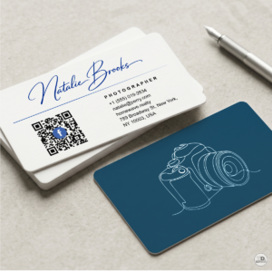 Bespoke handwritten signature logo and custom line art camera illustration on double-sided QR code business card for Natalie Brooks