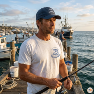 Vector logo printing and embroidery mockup on t-shirt and cap for The Deep Haul fishing brand