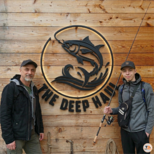 Vector logo laser cutting and backlit 3D wall signage mockup for The Deep Haul fishing brand