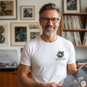 Vector logo textile printing and apparel mockup on white t-shirt for Groove and Sax music brand