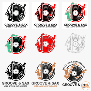 Manual vector tracing and retro emblem reconstruction for Groove and Sax jazz music brand logo