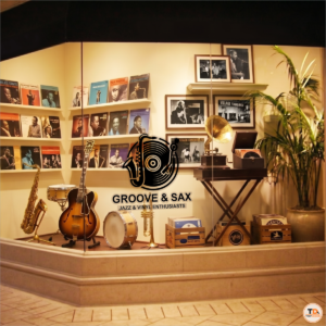 Vector logo window decal and storefront signage mockup for Groove and Sax jazz vinyl shop